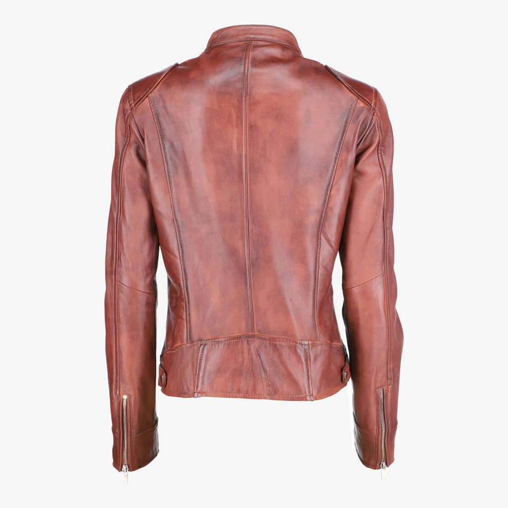 Women Shoulder Pad Brown Leather Jacket