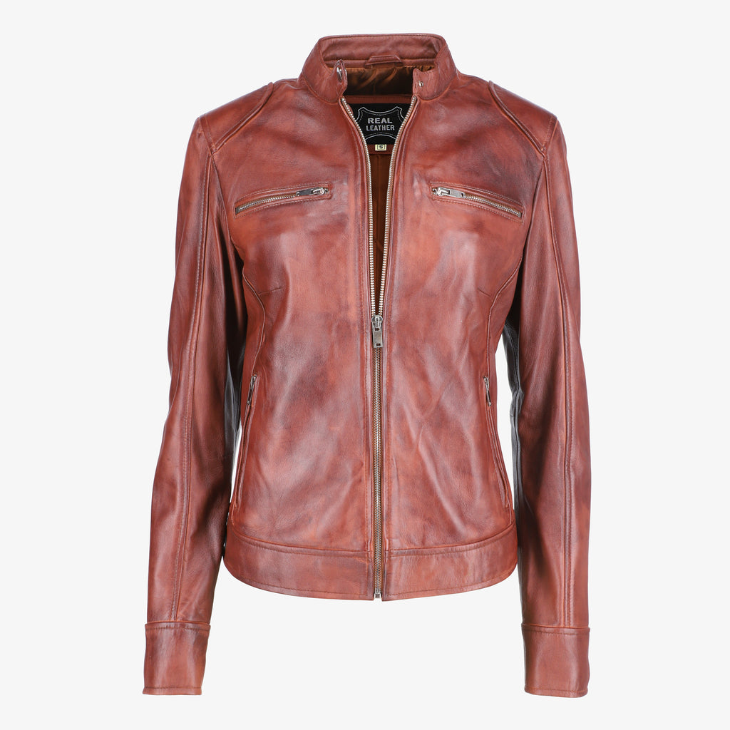 Women Shoulder Pad Brown Leather Jacket