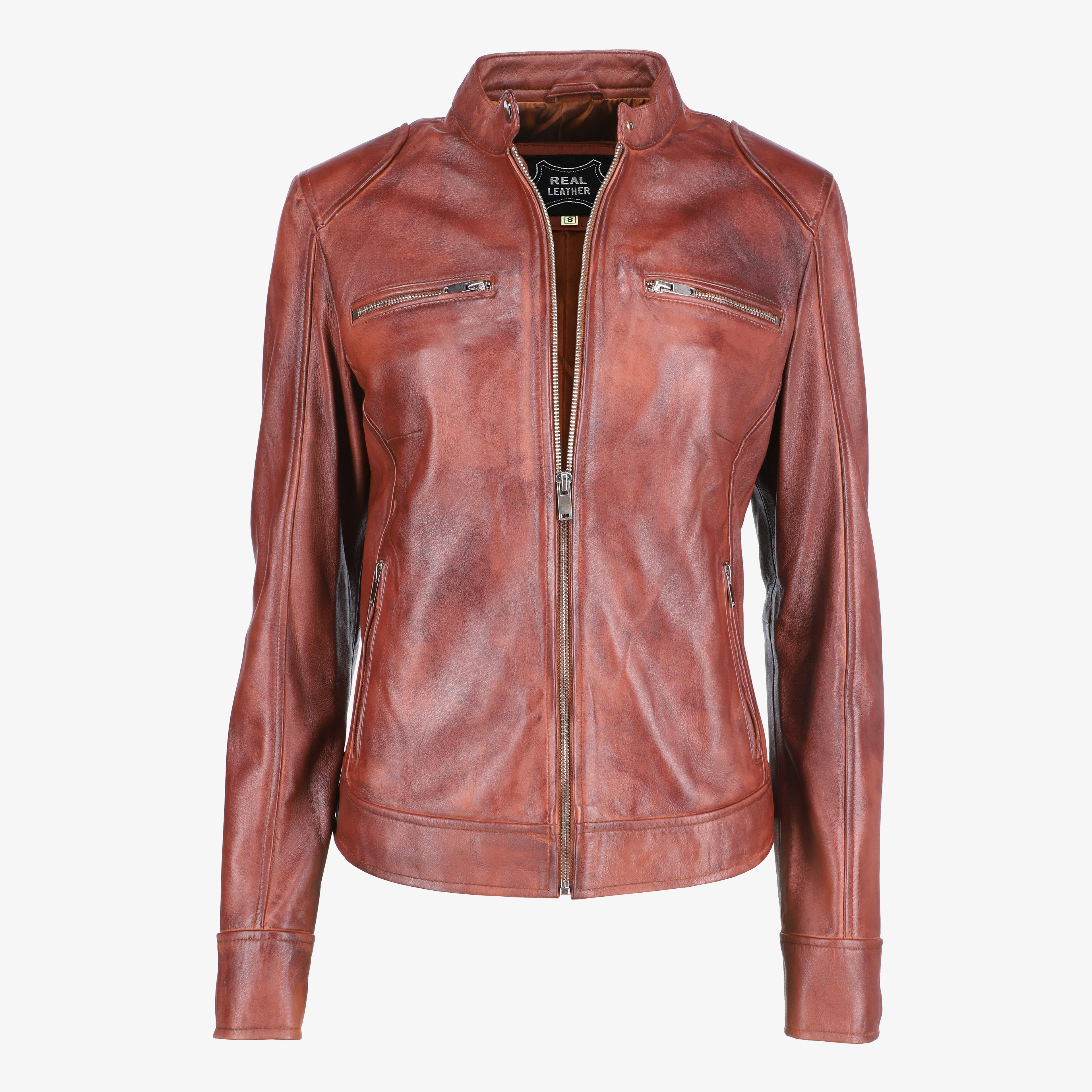 Women Shoulder Pad Brown Leather Jacket