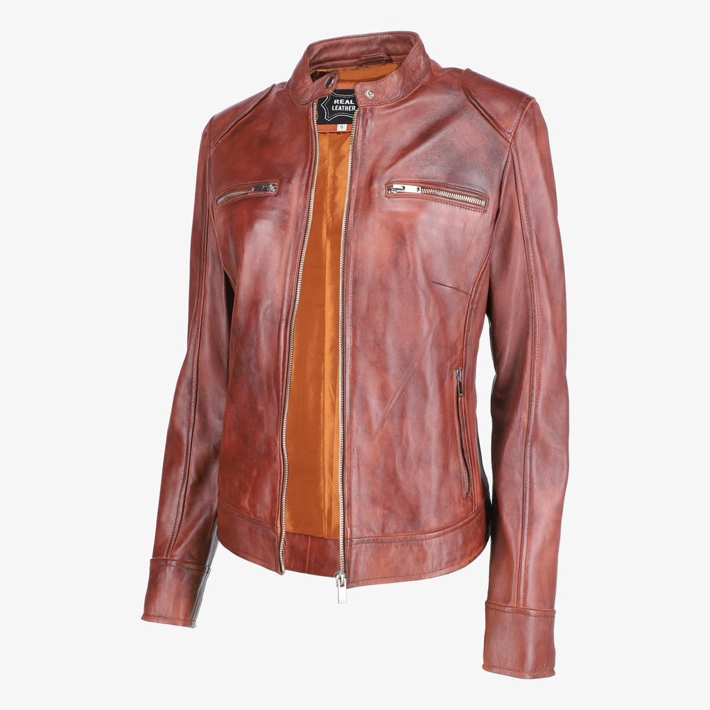 Women Shoulder Pad Brown Leather Jacket